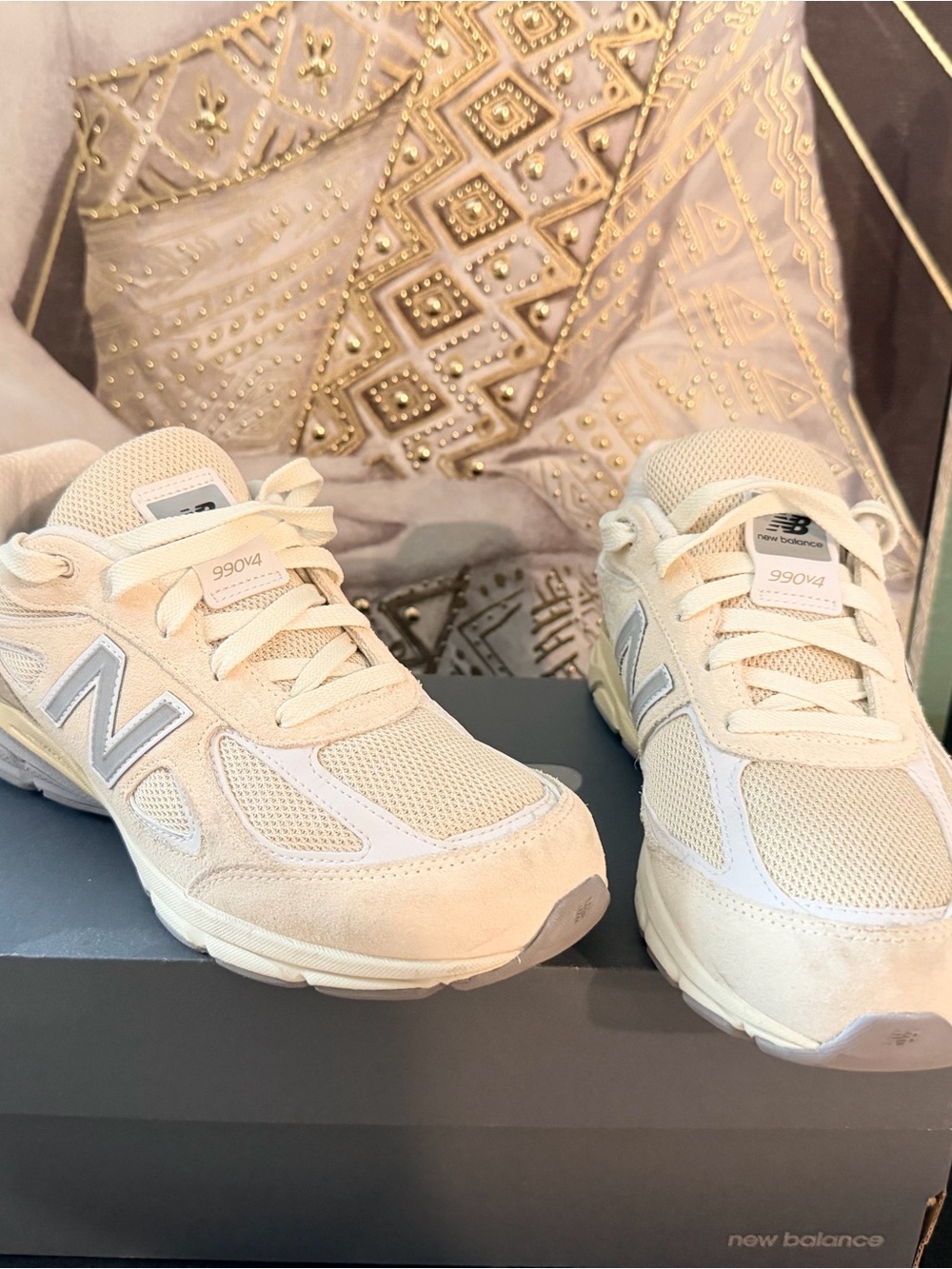 New Balance Women's Cream/Tan Mesh & Suede Sneakers